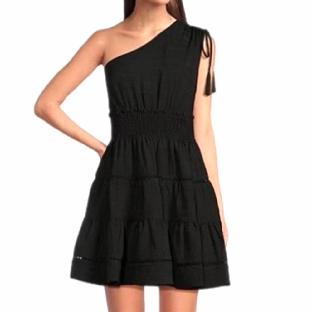 Taylor One Shoulder Seersucker Black Tiered Mini Dress